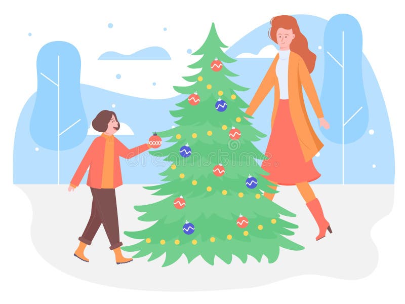 Mom and daughter decorate the Christmas tree Stock Photo by