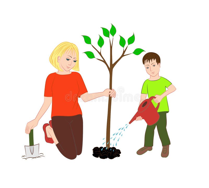 Mom and Son are Planting a Tree. Stock Vector - Illustration of cute ...