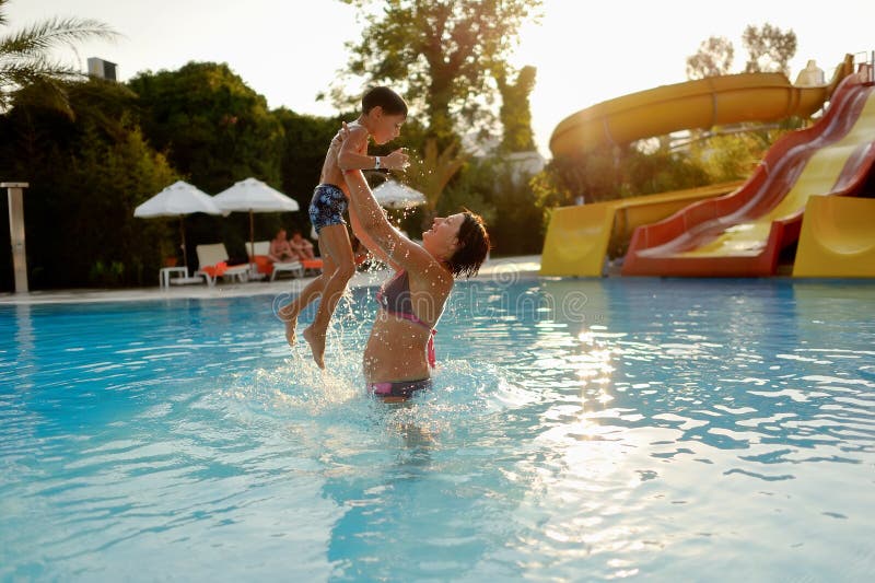 Mom and son in the pool