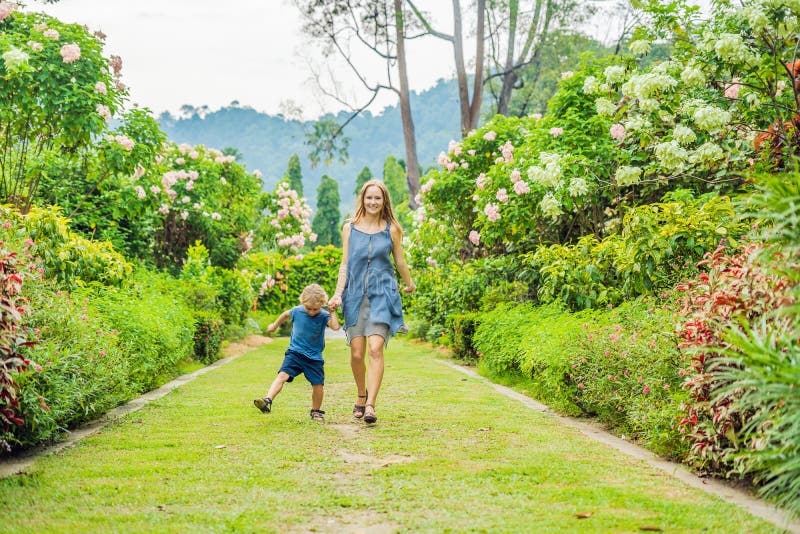 Mom and son are running around in the blooming garden. Happy family life style concept royalty free stock image Mom and son are running around in the blooming garden. Happy family life style concept royalty free stock image