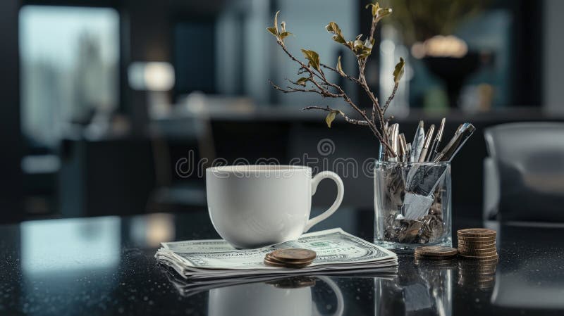 Moment de cafea reflectorizant cu bani și stilouri în spațiul modern de birouri, peisaj calm și închis royalty free illustration