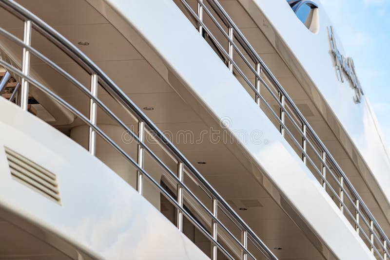 Monaco, Monte-Carlo, 27 September 2019: The top deck of a huge yacht at sunset, glossy board of the boat, the stock images Monaco, Monte-Carlo, 27 September 2019: The top deck of a huge yacht at sunset, glossy board of the boat, the stock images