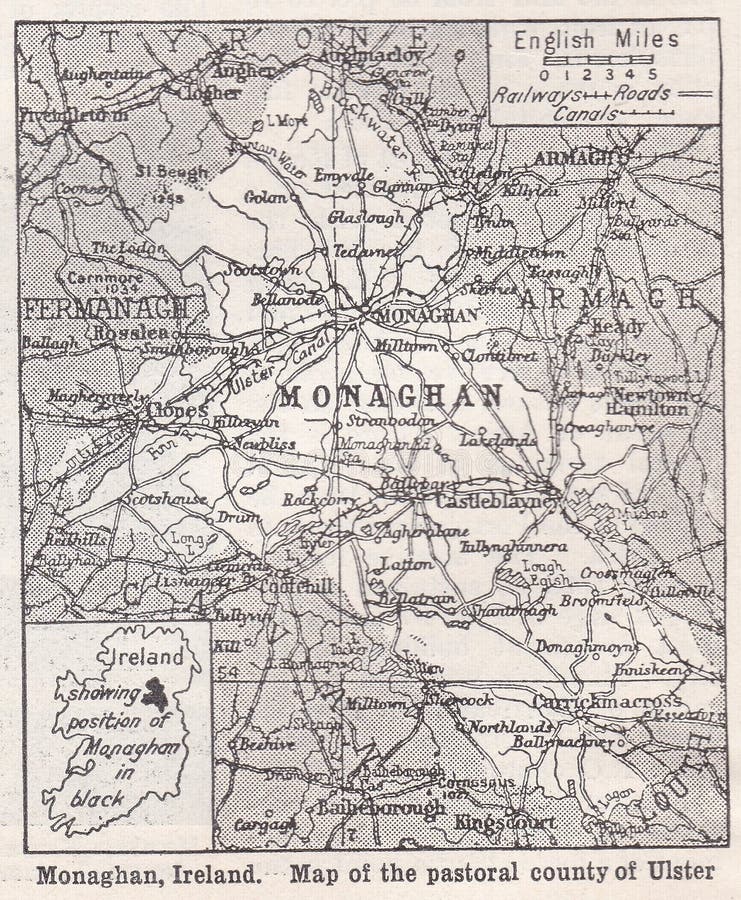 Monaghan, Ireland - Map of the pastoral county of Ulster.   Monaghan is the county town of County Monaghan, Ireland. It also provides the name of its civil parish and barony. The town is on the N2 road from Dublin to Derry and Letterkenny.  Monaghan is the sixth smallest of the 32 counties of Ireland. Monaghan is famed for its ancient Irish craft of lace-making, more commonly known as Carrickmacross Lace. Monaghan, Ireland - Map of the pastoral county of Ulster.   Monaghan is the county town of County Monaghan, Ireland. It also provides the name of its civil parish and barony. The town is on the N2 road from Dublin to Derry and Letterkenny.  Monaghan is the sixth smallest of the 32 counties of Ireland. Monaghan is famed for its ancient Irish craft of lace-making, more commonly known as Carrickmacross Lace.