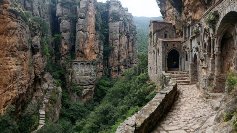 Monastery built into a sheer cliff face with stone pathways royalty free illustration