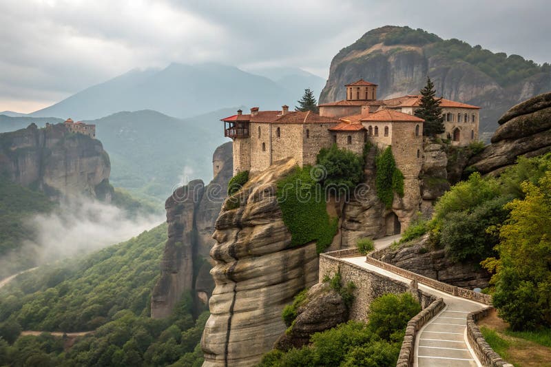 Monastery perched on a cliff vector illustration