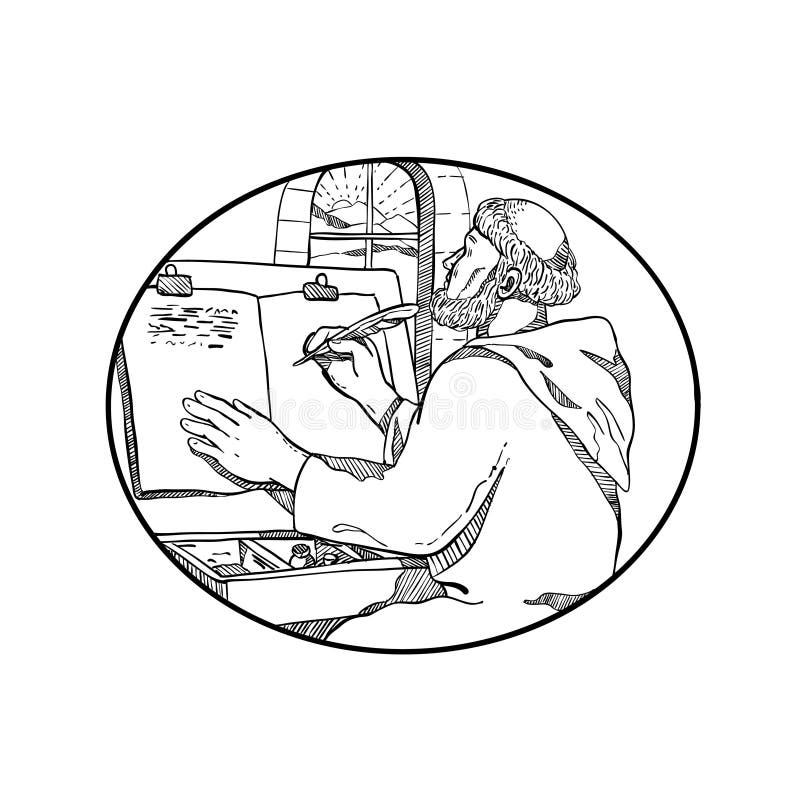 Monastic Monk Writing Illuminated Manuscript Drawing Black and White