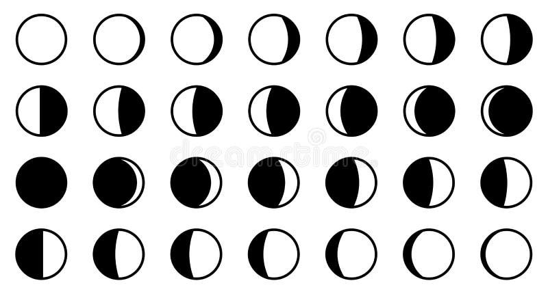 Mond-/Mond teilt Zyklus in Phasen ein Alle 28 Formen für jeden Tag - neu, ful vektor abbildung Mond-/Mond teilt Zyklus in Phasen ein Alle 28 Formen für jeden Tag - neu, ful vektor abbildung
