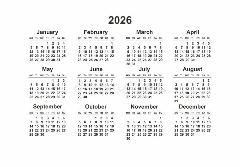 2026 Monday Start Horizontal Black and White Calendar Template, Simple ...