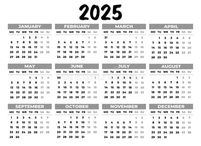 2025 Monday Start Landscape Black and White Calendar Stock Illustration ...