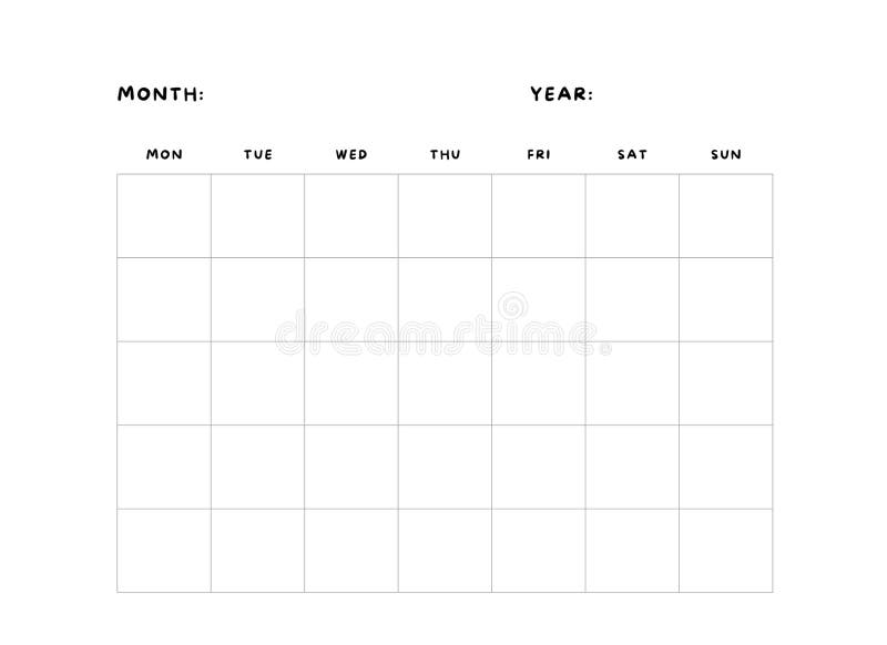 Monday Start Monthly Blank Template Stock Illustration - Illustration