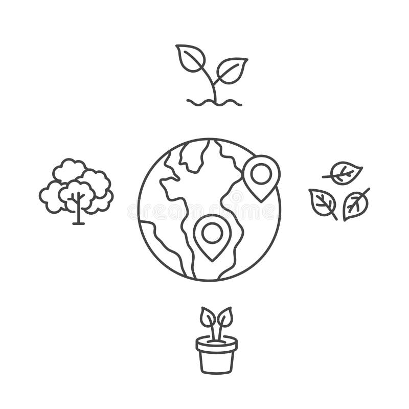 Monde avec indication d'emplacement de la broche Concept d'amour de la nature avec un vecteur d'icônes d'arbre et de plante isolé illustration stock Monde avec indication d'emplacement de la broche Concept d'amour de la nature avec un vecteur d'icônes d'arbre et de plante isolé illustration stock