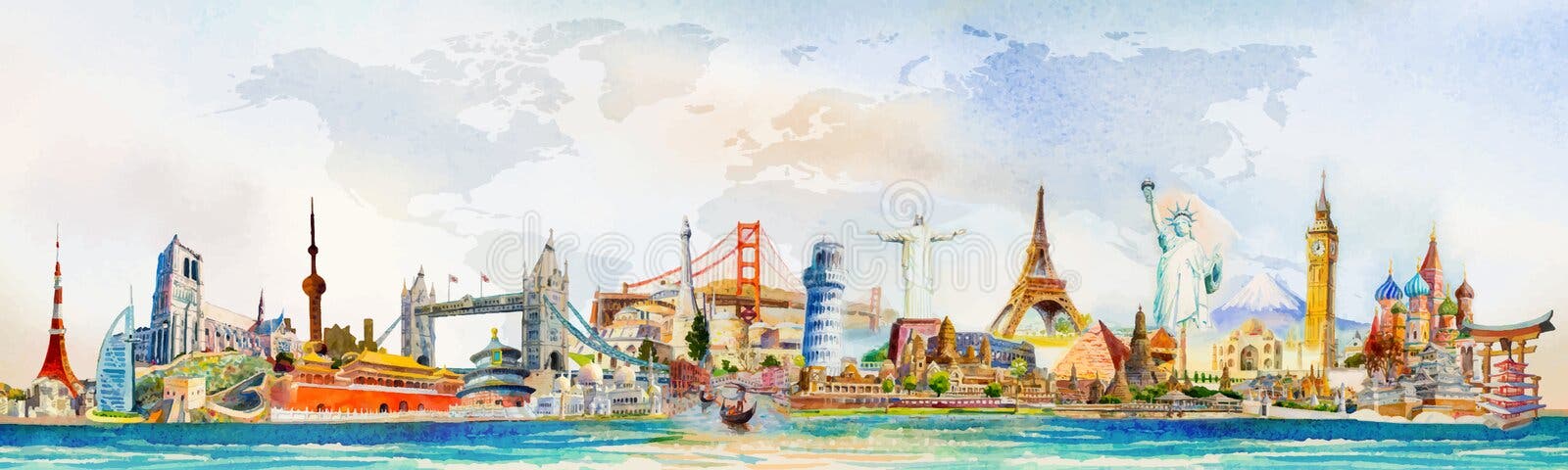 Monde célèbre l'Europe Asie et Amérique de points de repère de voyage. Paysage d'aquarelle Monde célèbre l'Europe Asie et Amérique de points de repère de voyage. Paysage d'aquarelle
