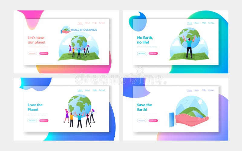 Monde dans des mains débarquant l'ensemble du modèle de page. Les caractères sont en cercle sur le globe énorme de la terre de pri illustration de vecteur