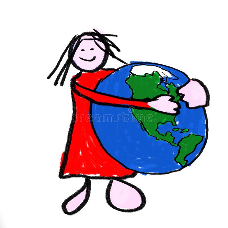 A girl holding the globe - a childlike drawing. A girl holding the globe - a childlike drawing