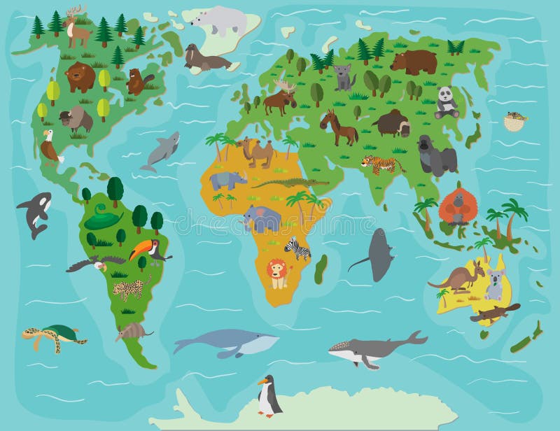 Mondo animale Mappa divertente del fumetto illustrazione vettoriale Mondo animale Mappa divertente del fumetto illustrazione vettoriale