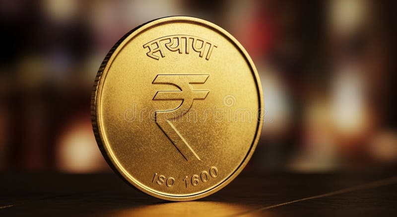 Moneda de rupia india dorada con símbolo y texto ilustración del vector