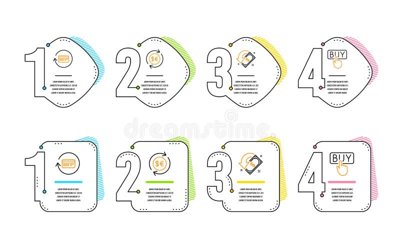 Moneda del dinero, sistema de los iconos de la comisi? n de Cashback y del reembolso Muestra de compra Vector. Money currency, Cashback and Refund commission icons simple set. Buying sign. Cash change, Receive money, Cashback card. E-commerce shopping. Finance set. Infographic timeline. Vector