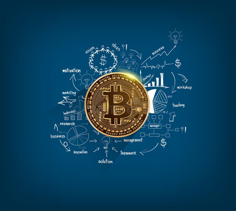 Moneda digitală bitcoin golden coin pe hărți de desen și grafice royalty free illustration
