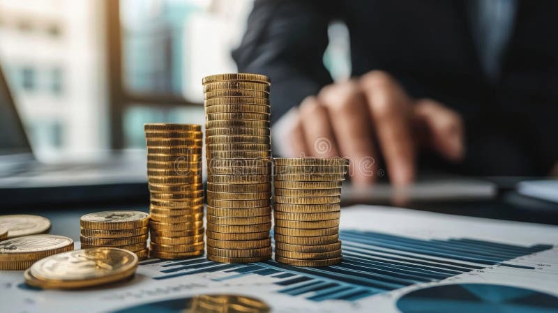 Monedas de oro apiladas en gráficos financieros imágenes de archivo libres de regalías