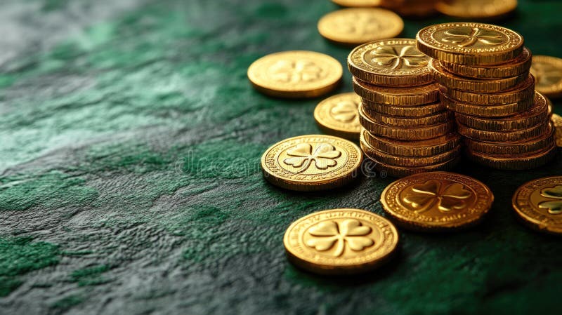 Monedas de oro apiladas en la superficie verde con diseños de shamrock. feliz. día de los maricones fotografía de archivo