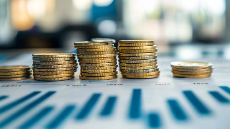 Monedas de oro apiladas en un gráfico financiero que simboliza la riqueza y el crecimiento foto de archivo