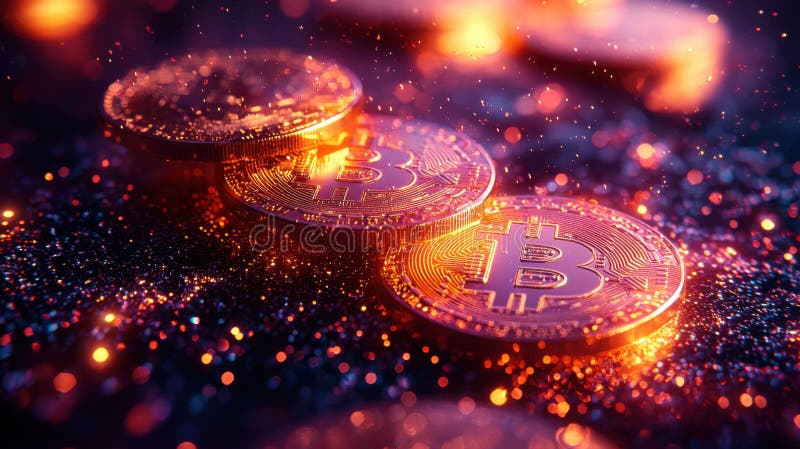 Monedele digitale de criptomonede strălucesc puternic în fundal vibrant spumant stock illustration
