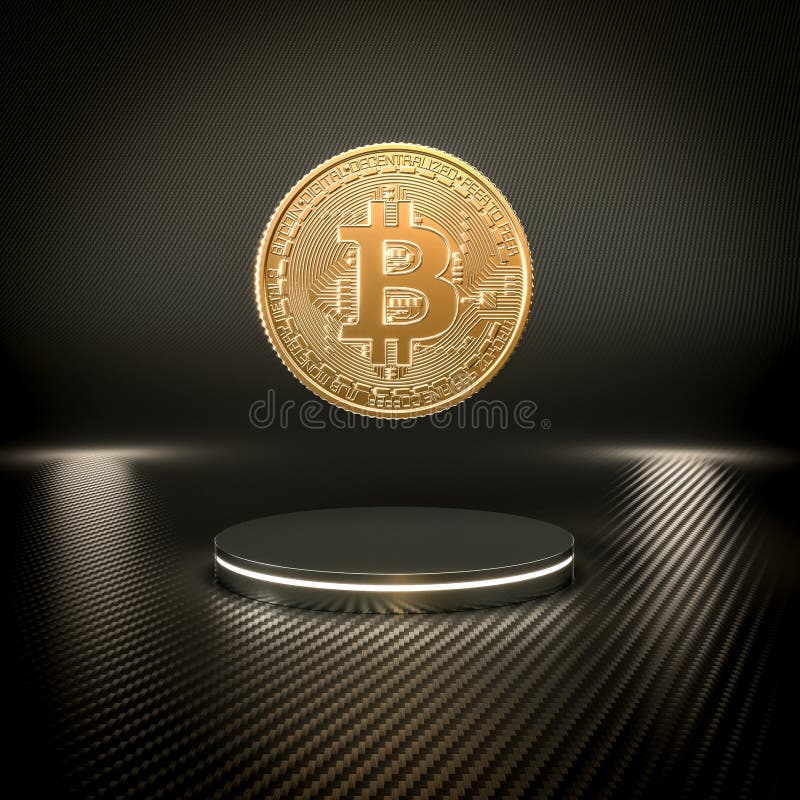 Monedă de aur bitcoin pe podium din fibră de carbon vector illustration