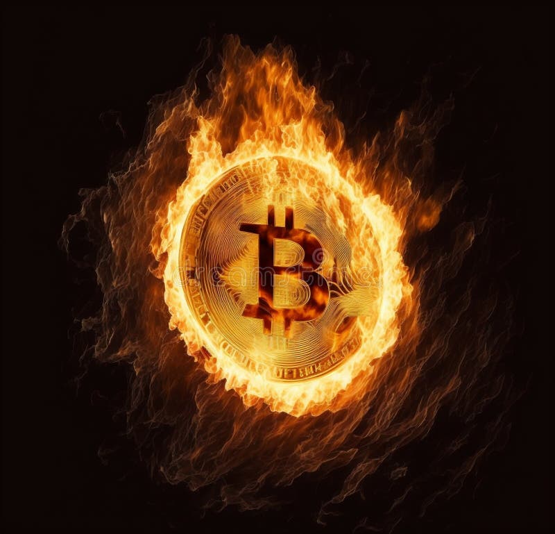 Monedă de aur bitcoin în flacără foc royalty free illustration