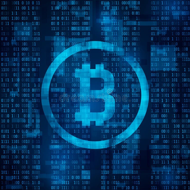 Monedă digitală bitcoin. sistemul de gestionare a criptonimelor și a blocklanțurilor miniere. simbolul bitcoin pe codul binar alba royalty free illustration