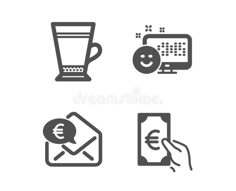 Monedă euro latentă și pictograme zâmbitoare. indicator de finanțare. băutura din cafea primește feedback pozitiv privind numeraru stock illustration