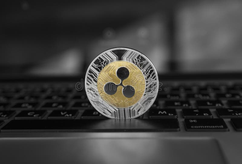 Moneta d'argento dell'ondulazione dell'oro su un primo piano della tastiera del computer portatile Estrazione mineraria di Blockc immagini stock libere da diritti