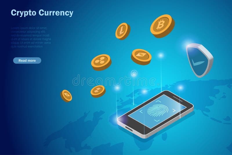 Monete cripte bitcoin litecoin etereo si sovrappongono e z contanti su smartphone con scannerizzazione delle impronte digitali sic illustrazione di stock