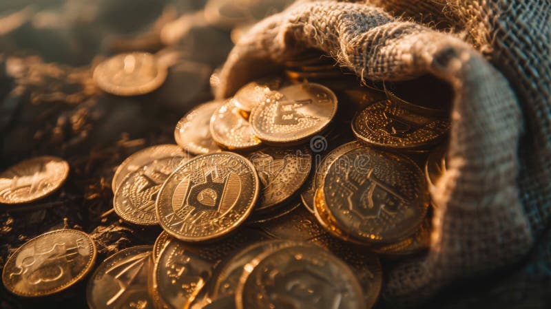 A burlap sack overflowing with golden Bitcoins, illuminated by warm sunset light. AI generated. A burlap sack overflowing with golden Bitcoins, illuminated by warm sunset light. AI generated