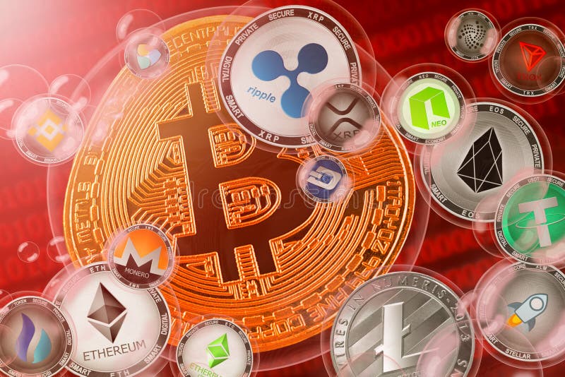 Monete metalliche in valuta di cripto di crisi in una bolla sullo sfondo del codice binario fotografie stock Monete metalliche in valuta di cripto di crisi in una bolla sullo sfondo del codice binario fotografie stock