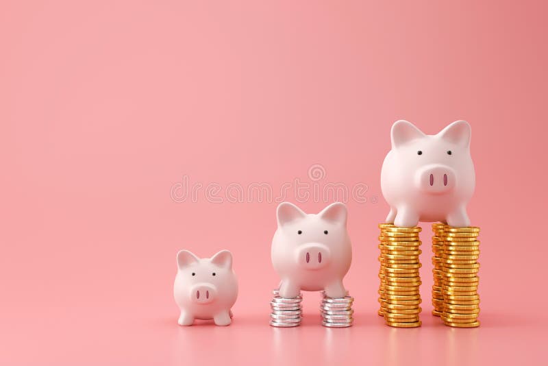 Monety skarbonki i złote stosy z trzech poziomów na różowym tle z koncepcją oszczędności. planowanie finansowe ilustracji
