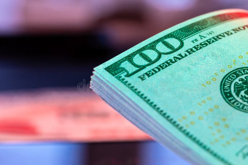 Money Background from Dollars in Neon Light, Close Up Stock Photo