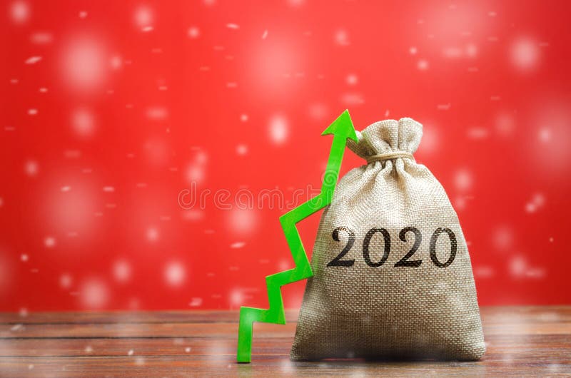 Money bag 2020 and green up arrow. Strategy and budget planning. Business forecasting. Growth and development of business and