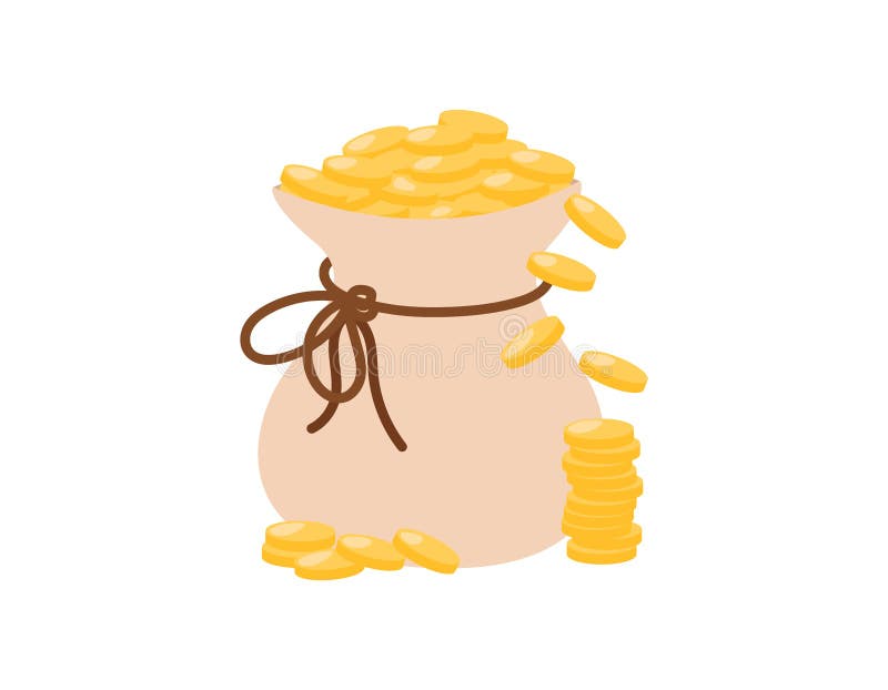 Money Bag Isolated. Gold Coins Falling from Overflowing Bag with Rope ...