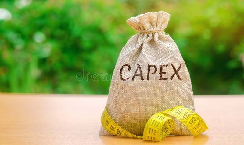 Money bag with the word Capex  capital expenditure  and tape measure. Capital used by companies to acquire or upgrade physical