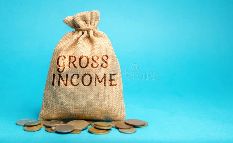 Money bag with the word Gross Income. Profits, wages, salaries, interest payments, rents before taxes. Concept of business and