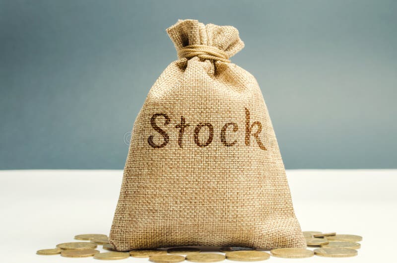 Money bag with the word Stock and coins. Trading on the stock exchange. Investment portfolio. Capital gains. Common and preferred