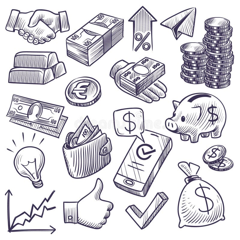 Money and banking sketch. Dollar banknotes and coins, piggy bank and business chart, gold bar and handshake symbols