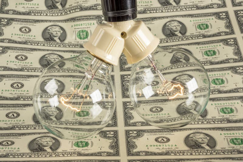 Money Bills and Light Bulbs Turned on Stock Image Image of round