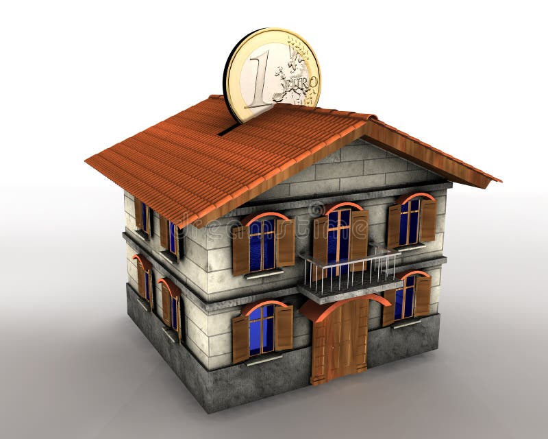 Illustrazione 3d di denaro finestra di casa con monete in euro.