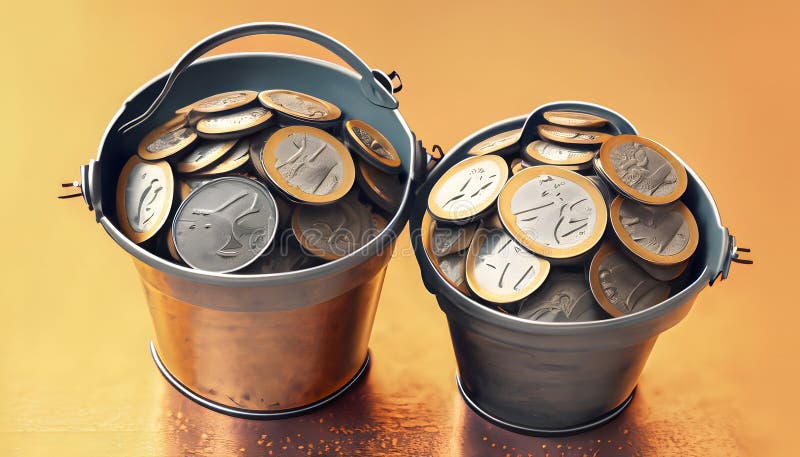 Money Buckets with Coins: A Visual Guide to Budgeting. Explore the simplicity of budgeting with this image of money-filled buckets adorned with coins. Each bucket signifies a financial category, showcasing the art of allocating money wisely. Immerse yourself in intentional money budgeting for financial well-being. Generated with AI