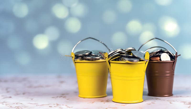 Money Buckets with Coins: A Visual Guide to Budgeting vector illustration