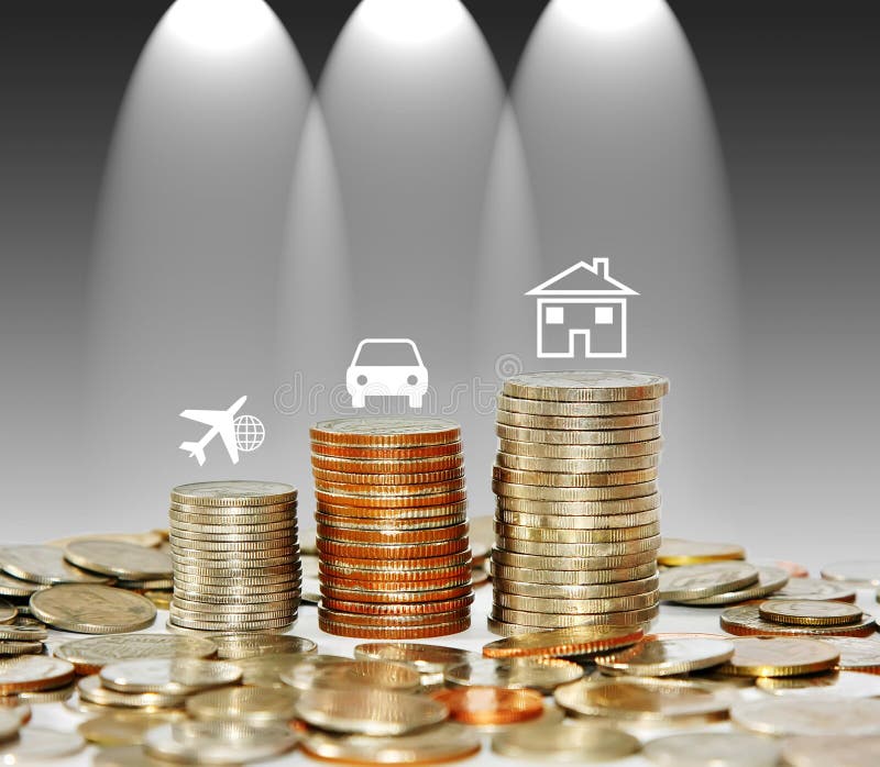 Money coin stack growing graph with icon travel car and house is stock images Money coin stack growing graph with icon travel car and house is stock images