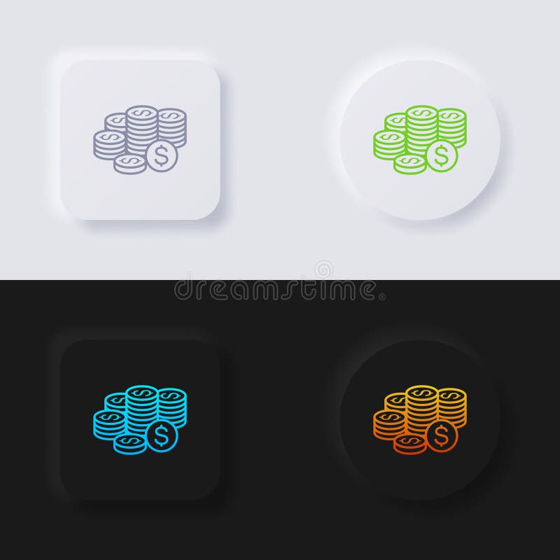Money Coins Icon Set, Multicolor Neumorphism Button Soft UI Design ...