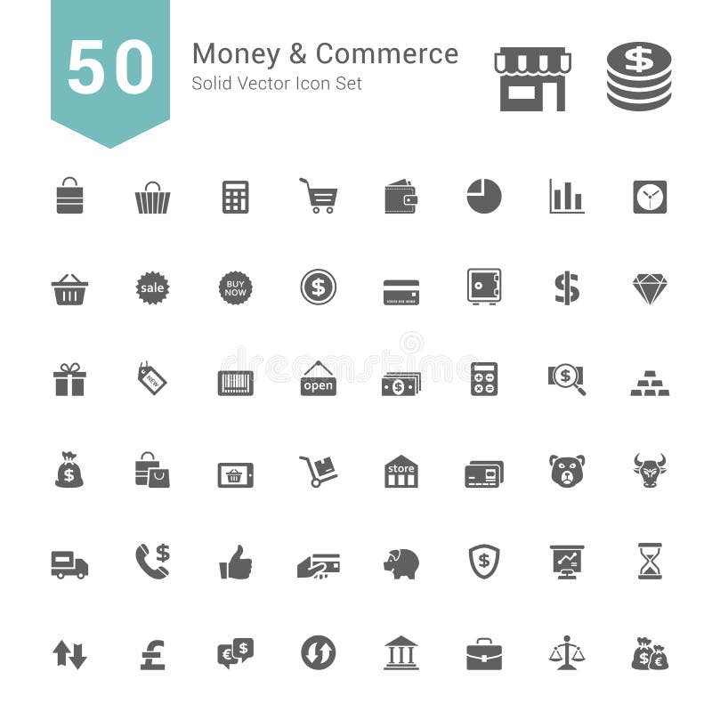 Money and Commerce Icon Set. 50 Solid Vector Icons. vector illustration Money and Commerce Icon Set. 50 Solid Vector Icons. vector illustration