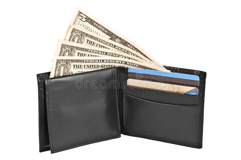 Money and credit cards in black leather purse isolated on white background. Money and credit cards in black leather purse isolated on white background.